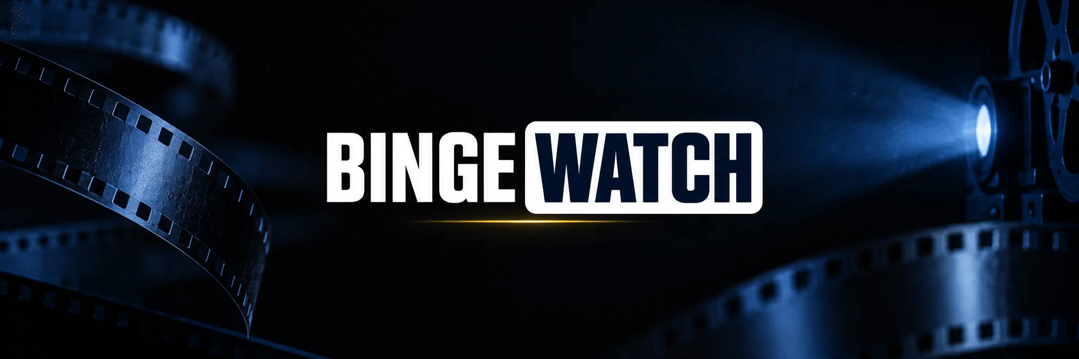 BINGE WATCH white and navy wordmark with blue film strips and a yellow accent